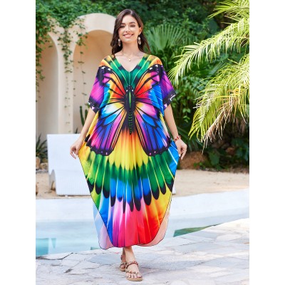 Women’s Plus Size Floral Kaftan Beach Cover Up Dress by Pool