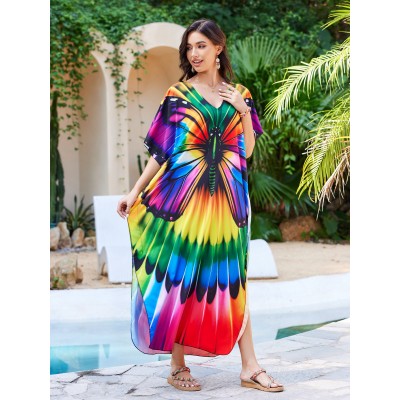 Women’s Plus Size Floral Kaftan Beach Cover Up Dress by Pool