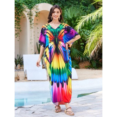 Women’s Plus Size Floral Kaftan Beach Cover Up Dress by Pool