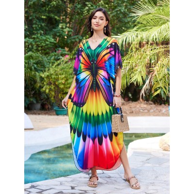 Women’s Plus Size Floral Kaftan Beach Cover Up Dress by Pool