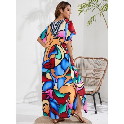 Plus Size Bohemian Floral Caftan Dress Poolside Cover Up