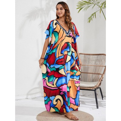 Plus Size Bohemian Floral Caftan Dress Poolside Cover Up