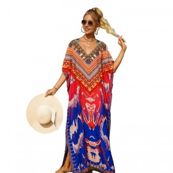 Floral Print Kaftan Dress For Women Bohemian Loose Fit Beach Swimsuit Cover Up One Size