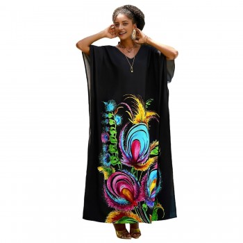 Plus Size Batwing Sleeve Swim Coverup Floral Print Loose Fit Maxi Swimsuit Cover Up One Size