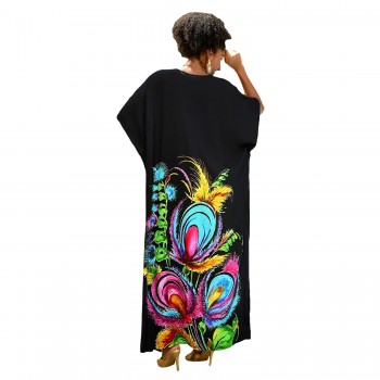 Plus Size Batwing Sleeve Swim Coverup Floral Print Loose Fit Maxi Swimsuit Cover Up One Size