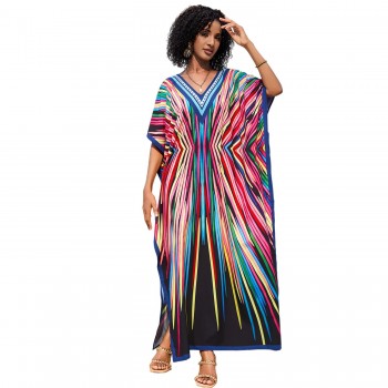 Bohemian Floral Print Caftan Maxi Dress - Poolside Cover Up & Resort Wear One Size