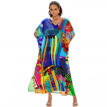 2025 Plus Size Boho Kaftan Dress: Beach to Lounge Swimwear Cover Up One Size