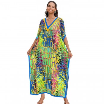 Kaftan Dress for Women Bohemian Floral Print Loose Fit Maxi Swimsuit Cover Up One Size