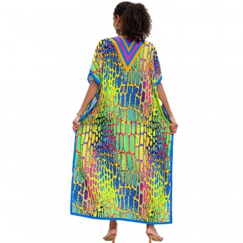 Kaftan Dress for Women Bohemian Floral Print Loose Fit Maxi Swimsuit Cover Up One Size