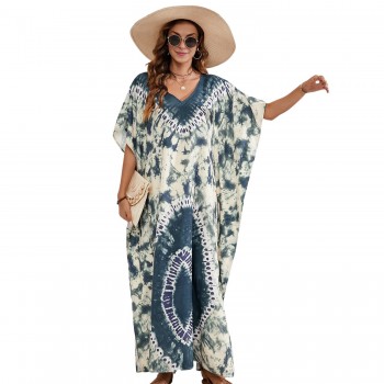 Kaftan Dress for Women Bohemian Floral Print Loose Fit Maxi Swimsuit Cover Up One Size