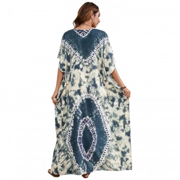 Kaftan Dress for Women Bohemian Floral Print Loose Fit Maxi Swimsuit Cover Up One Size