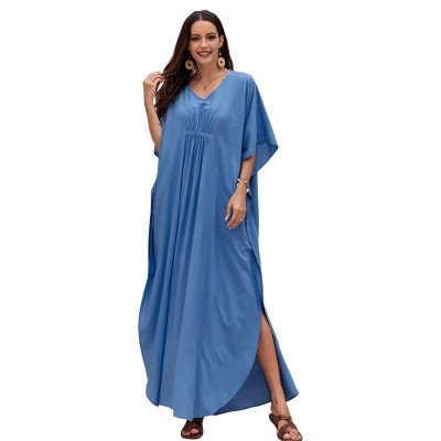 Vibrant Resort Wear for Women - Lightweight Beach Cover Up Plus Size Solid Color Caftan Dress Poolside Cover Up