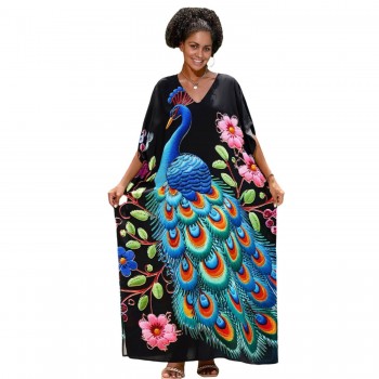 Kaftan Dress for Women Bohemian Floral Print Loose Fit Maxi Swimsuit Cover Up One Size