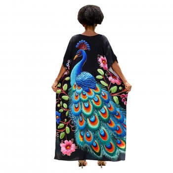 Kaftan Dress for Women Bohemian Floral Print Loose Fit Maxi Swimsuit Cover Up One Size