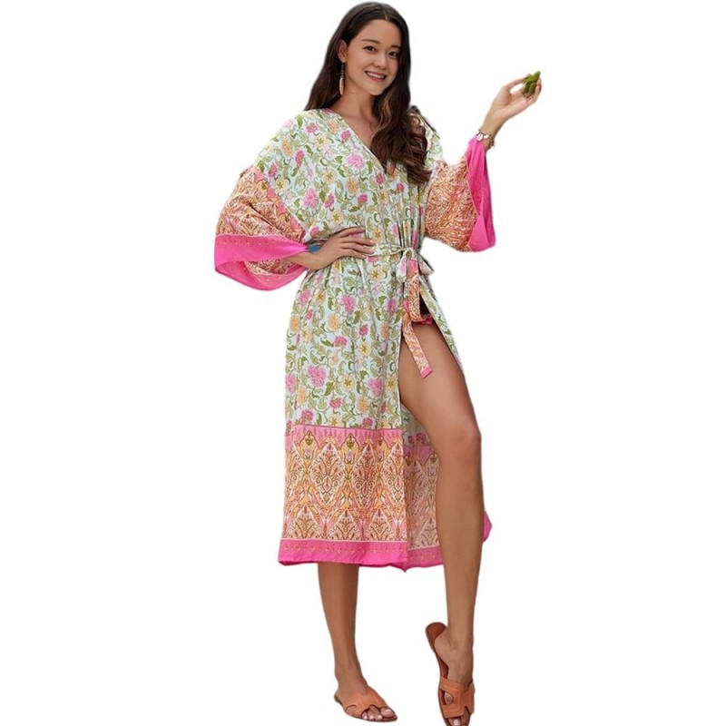 2025 Plus Size Swimsuit Coverup Dress Coastal Style Curvy woman in floral kaftan dress walking on tropical beach sunset