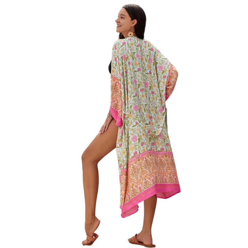 2025 Plus Size Swimsuit Coverup Dress Coastal Style Curvy woman in floral kaftan dress walking on tropical beach sunset
