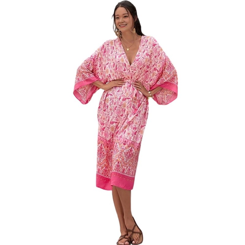 2025 Plus Size Swimsuit Coverup Dress Coastal Style Curvy woman in floral kaftan dress walking on tropical beach sunset