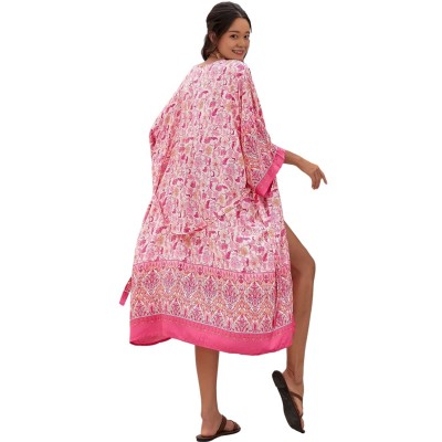 2025 Plus Size Swimsuit Coverup Dress Coastal Style Curvy woman in floral kaftan dress walking on tropical beach sunset