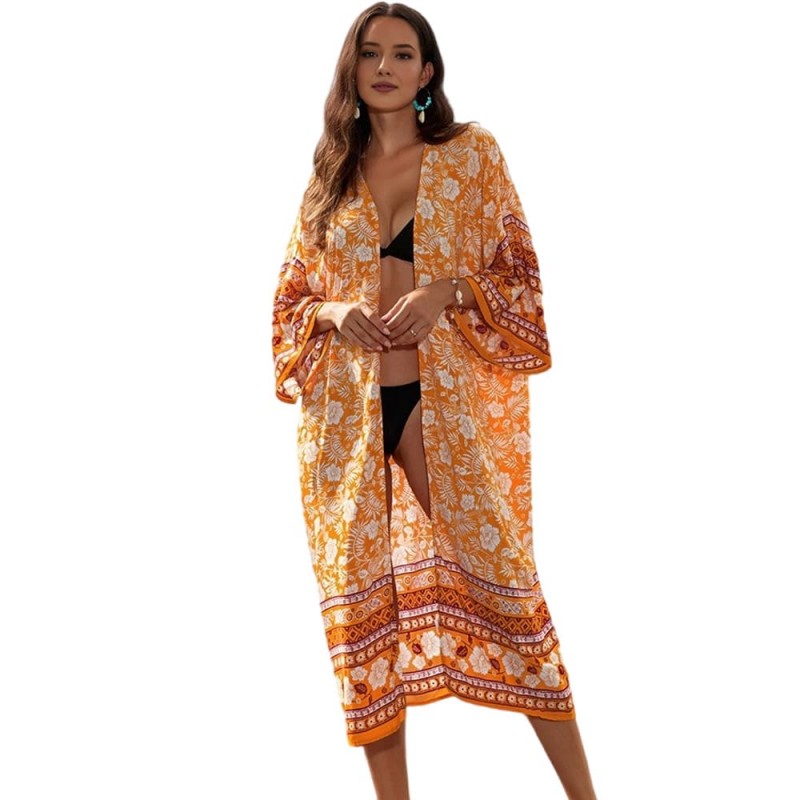 2025 Plus Size Swimsuit Coverup Dress Coastal Style Curvy woman in floral kaftan dress walking on tropical beach sunset