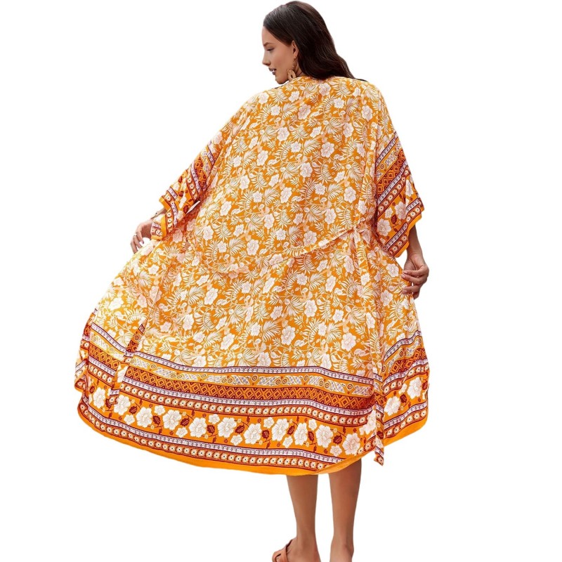2025 Plus Size Swimsuit Coverup Dress Coastal Style Curvy woman in floral kaftan dress walking on tropical beach sunset