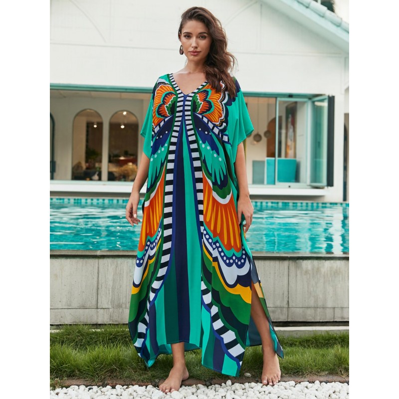 Trend Batwing Beach Coverup Dress plus size kaftan dress on tropical beach with palm trees